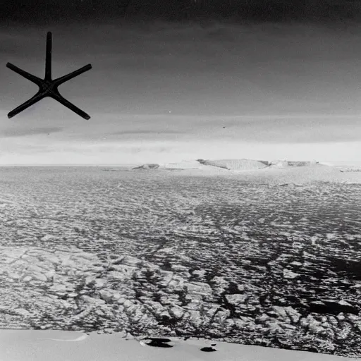 Image similar to secret photograph of nazi ufo base in antarctica, operation highjump, black and white, 4 k