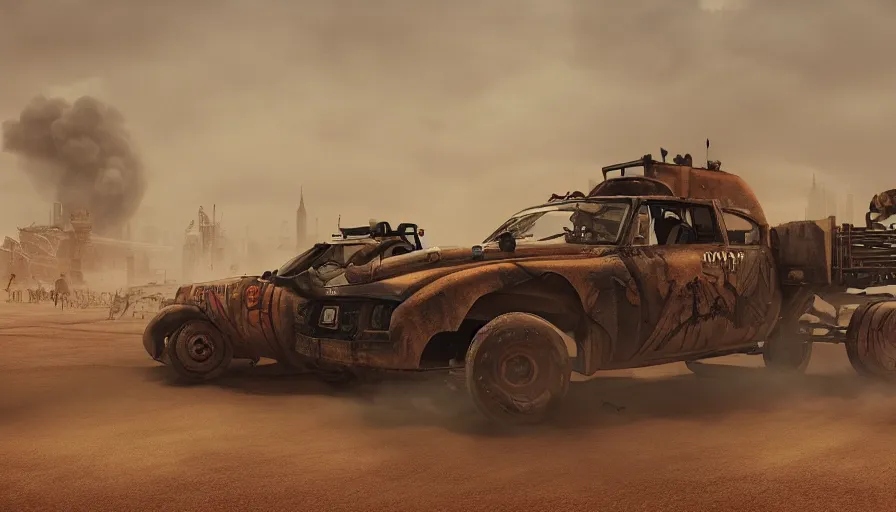 Image similar to london in mad max, sandstorm, trucks racing, smoke bombs, hyperdetailed, artstation, cgsociety, 8 k