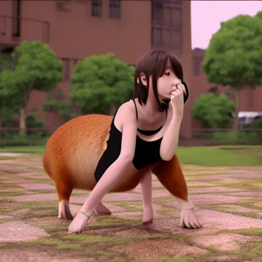 Image similar to anime girl with a camera filming a breakdancing capybara, vray