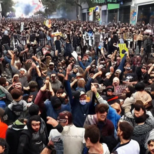 Prompt: a photo of rioters demanding free playstations