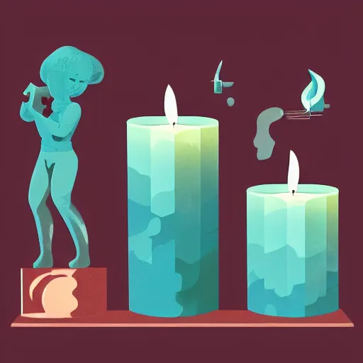 Image similar to illustration with a set of beautiful scented candles by tomer hanuka, an art deco painting by tom whalen, interior, trending on behance, grainy texture, flat shading, vector art, airbrush, pastel, watercolor, poster