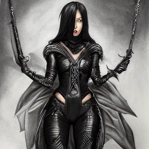 Prompt: a beautiful warrior woman with dark hair, wearing black catsuit and plates of black body armour, she is holding a long staff, intricate, elegant, highly detailed, detailed face, smooth, sharp focus, high contrast, graphic novel, art by stanley lau artgerm,