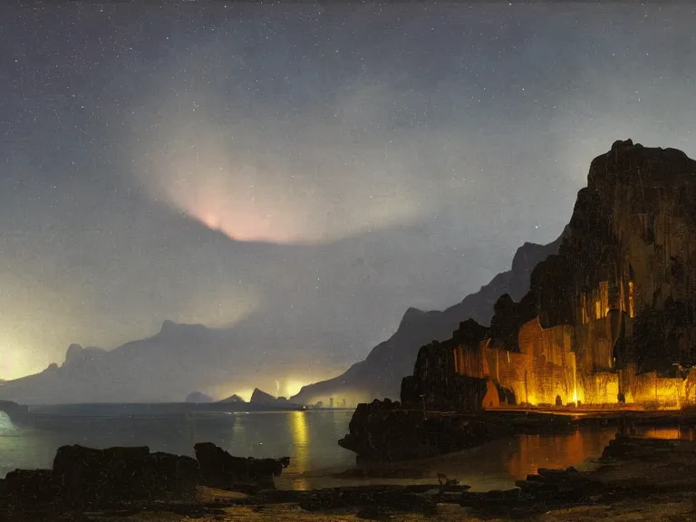 Image similar to an oil painting of a coastline on an alien planet with a mountain range at dusk with aurora lighting up the sky by carl spitzweg and tuomas korpi. baroque elements, full-length view. baroque element. intricate artwork by caravaggio. Trending on artstation. 8k