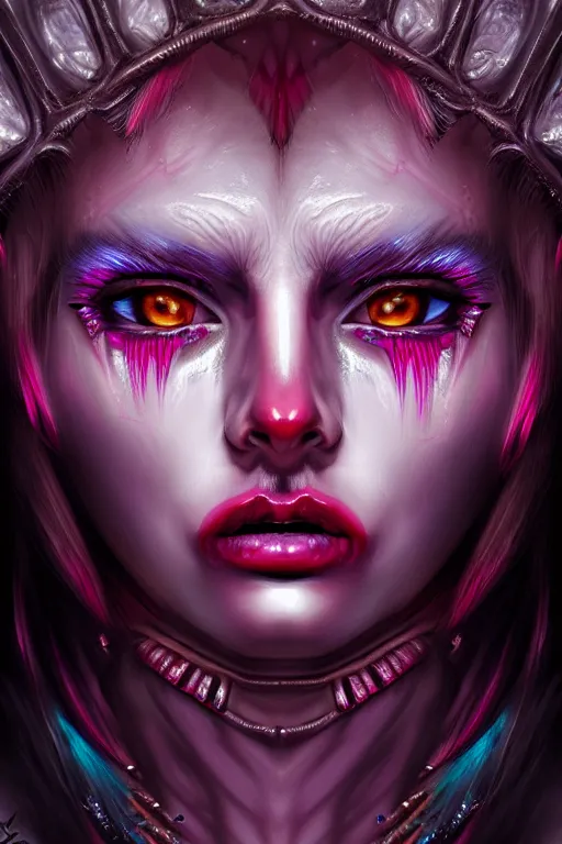 Prompt: hyper detailed ultra sharp of a beautiful face girl azazello is one of the demonic and mystical characters in the work, a negative character in biblical stories, a fallen angel who opposed the will of god. various reference for artists, facial expressions, trending on artstation, neon colors, digital art, cinematic lighting, art by god, 8 k