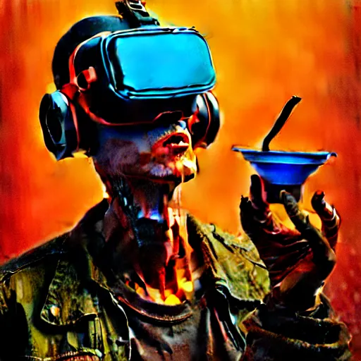 Prompt: junky men stand fluid oil and smoking cigarette, cybertronic gadgets and vr helmet, flesh + technology, durty colours, rotten textures, rusty shapes, biotechnology, bao phan, norman rockwell, tim hildebrandt, wayne barlow, bruce pennington, larry elmore, oil on canvas, deep depth field, masterpiece, cinematic composition, hyper - detailed, hd, hdr