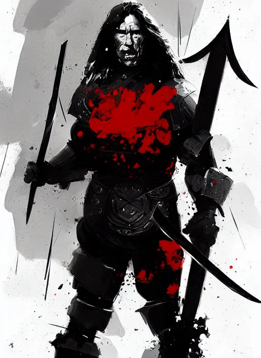 Image similar to schwarzenegger, long hair, wearing a black and red armor and two swords, by ismail inceoglu