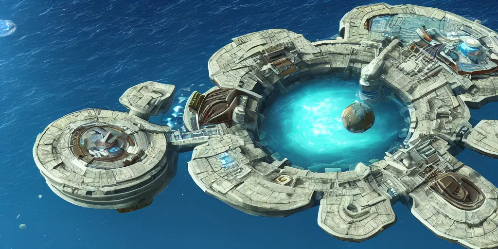 Image similar to circular floating ocean settlement, low angle view, fusion of subnautica and star trek, by noriyoshi ohrai, soft natural volumetric lighting, beautifully detailed 4 k octane render, 4 k post processing