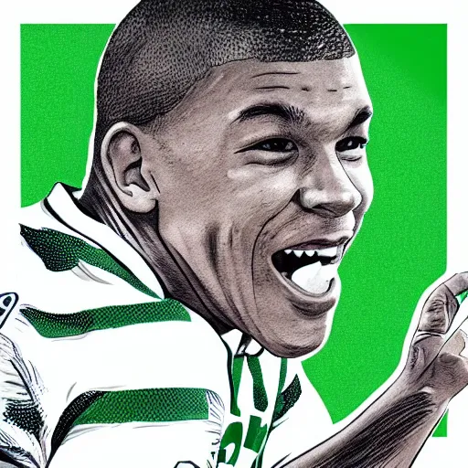 Prompt: kylian mbappe dressed with the betis football team shirt in the benito villamarin, 4 k, high contrast colors, hyper detailed!!, super fine inking lines