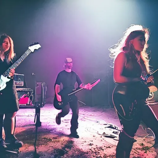 Prompt: female Sasquatch rock band spotlights backlit smoke concert