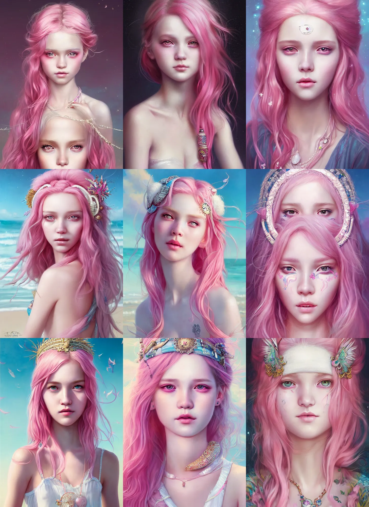 Prompt: masterpiece portrait of a beautiful charming girl with pink hair with boho accessories, character design, in white reflective at beach, cute face, top lighting, glossy, big eyes, art by tom bagshaw and wenjun lin and starember and kidmo and rossdraws and artgerm, cryengine, 8 k realistic hyper detailed