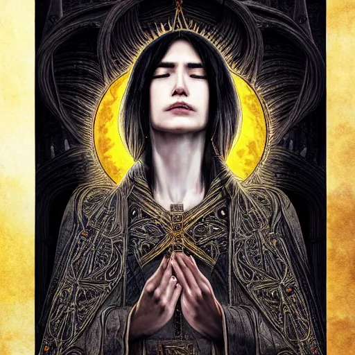 Prompt: a priestess with long black hair, praying for the sun god in a cathedral. Epic fantasy, 8k. realistic. Detailed. Digital painting. Sharp focus, illustration, Beautiful, gorgeous. Dark.