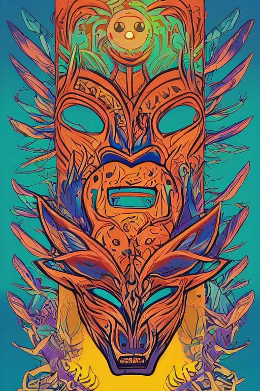 Image similar to animal mask totem roots flower tribal feather gemstone plant wood rock shaman vodoo video game vector cutout illustration vivid multicolor borderlands comics by josan gonzales and dan mumford radiating a glowing aura