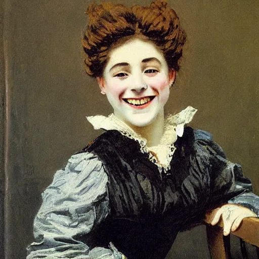 Image similar to young victorian lady laughing, painted by alfred stevens