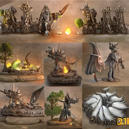 Prompt: highly detailed miniatures of various fantasy items from fantasy game. perfect lighting, ray tracing, realistic.