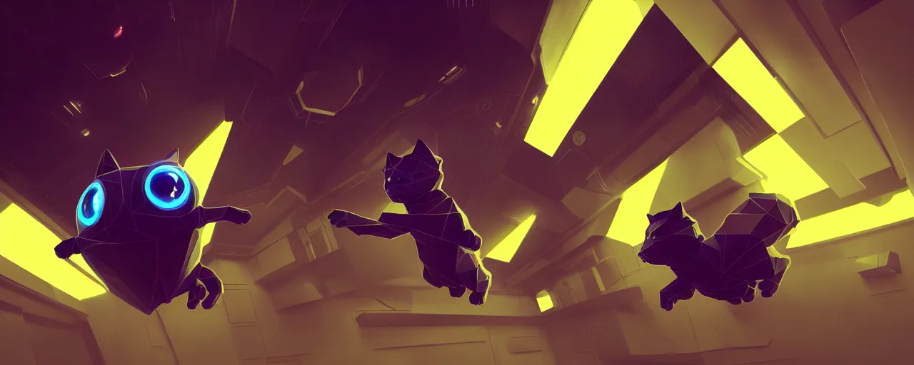 Image similar to duotone noir scifi concept illustration of lowpoly cats floating zero gravity glowing 3 d mesh portals futuristic, glowing eyes, octane render, surreal atmosphere, volumetric lighting. golden ratio by sachin teng and sergey kolesov and ruan jia and heng z. graffiti art, scifi, fantasy, hyper detailed. trending on artstation