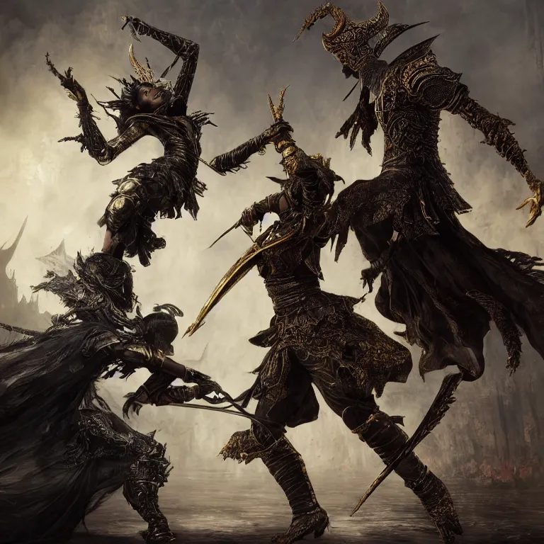 Image similar to dance of black man and a female devil, Dark Souls 3 themed, in style of Ruan Jia, insanely detailed and intricate, golden ratio, elegant, ornate, luxury, elite, matte painting, cinematic, cgsociety, James jean, Brian froud, ross tran, Laputa