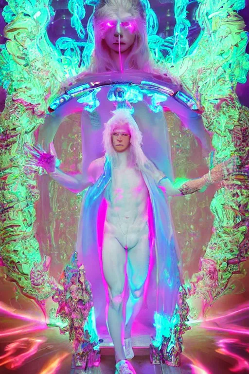 Prompt: photo of full-body rococo and cyberpunk delicate neon crystalline sculpture of ((muscular pale blue albino prince Nick Jonas)) as an iridescent humanoid deity wearing a thin see-through ((plastic hooded cloak)) (holding a human skull) in a neon castle dungeon, reclining con (((las piernas abiertas))), glowing pink face, crown of (white lasers), large diamonds, swirling black silk fabric. futuristic elements. oozing glowing liquid, full-length view. space robots. intricate artwork by caravaggio. Trending on artstation, octane render, cinematic lighting from the right, hyper realism, octane render, 8k, depth of field, 3D