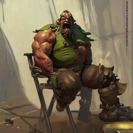 Image similar to greg manchess digital painting of a ruggedly handsome old dieselpunk orc an overwatch character with olive green skin sitting at a desk, organic painting, matte painting, bold shapes, hard edges, street art, trending on artstation, by huang guangjian and gil elvgren and sachin teng