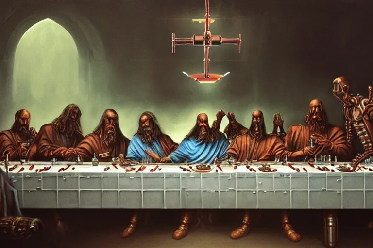 Image similar to painting of tech priests dining at the last supper, adeptus mechanicus!, cybernetic enhancements attached to his body, praise the omnissaiah, zdzislaw beksinski, lewis jones, mattias adolfsson, warhammer 4 0 k!!, cold hue's, warm tone gradient background, concept art, digital painting