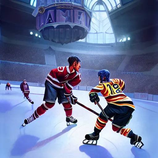 Image similar to Hockey arena game illustration, Blizzard, EASports, intricate, elegant, highly detailed, digital painting, artstation, concept art, smooth, sharp focus, art by artgerm and greg rutkowski and alphonse mucha, brightly lit cinematic soft lighting, photorealistic