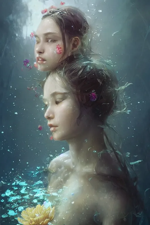 Image similar to face closeup a young beautiful girl drowned in water, underwater photography, water, 3 d render, hyper realistic detailed portrait, holding magic flowers, ruan jia, wlop. scifi, fantasy, hyper detailed, octane render, concept art, by peter mohrbacher, by wlop, by ruan jia