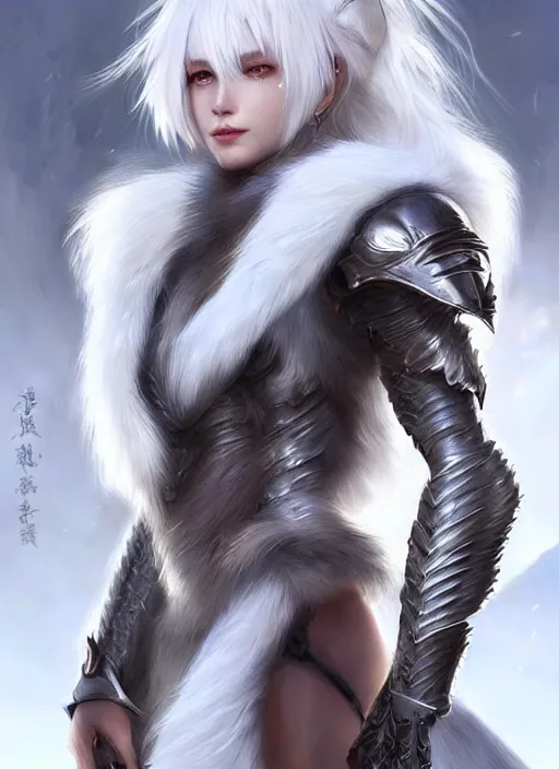 Image similar to warrior, fur - lined wolf armor!!! beautiful and elegant white hair female!! gorgeous ayes!! character concept art, sharp focus, octane render! unreal engine 5! highly rendered!! trending on artstation!! detailed linework!! illustration by artgerm, wlop, and chie yoshii