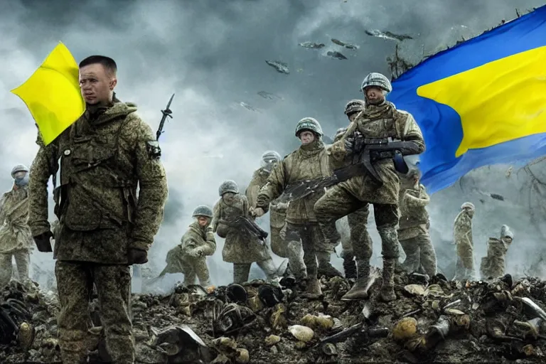 Image similar to promotional image of <Ukrainian fully equiped soldier with blue and yellow flag standing victoriously on a pile of skulls> as <Professional soldiers> in the new movie directed by <Tetsuya Nomura>, <fully equiped professional soldiers>, fantasy, detailed face, movie still frame, promotional image, imax 70 mm footage