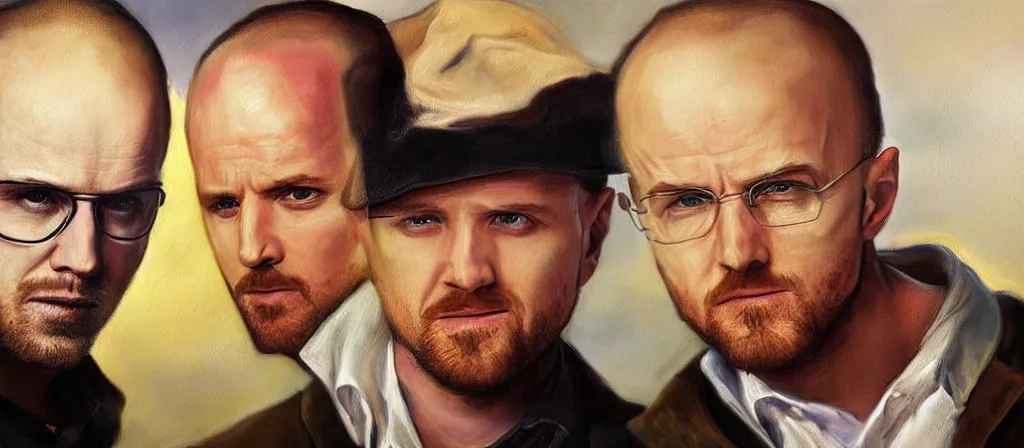 Image similar to an ultra detailed beautiful oil painting of jesse pinkman and heisenberg from breaking bad, colorful, soft shading, by sargent, by giovanni strazza, by raffaelo monti