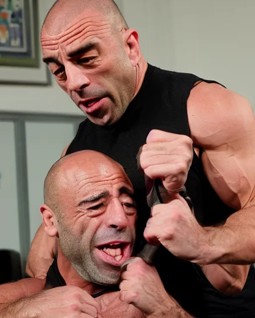 Image similar to Joe Rogan, crazy jacked, choking a nerd