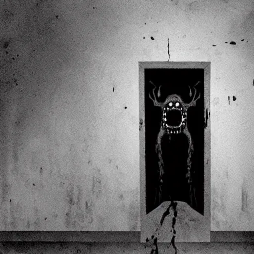 Prompt: Ted Cruz with a wide grin wielding a bloody hatchet peaking through a door in the distance at the end of a narrow corridor, black and white, creepy lighting, scary, horror, ornate, eerie, fear, oil painting