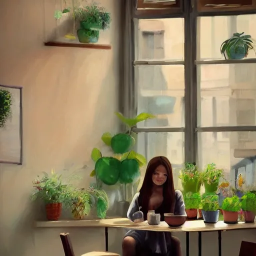 Image similar to a cozy cute cafe with tables, a big window and plants, a young pretty thin filipino woman with long hair sits with an espresso, golden morning light, dramatic light, happy cozy feelings, oil painting trending on artstation