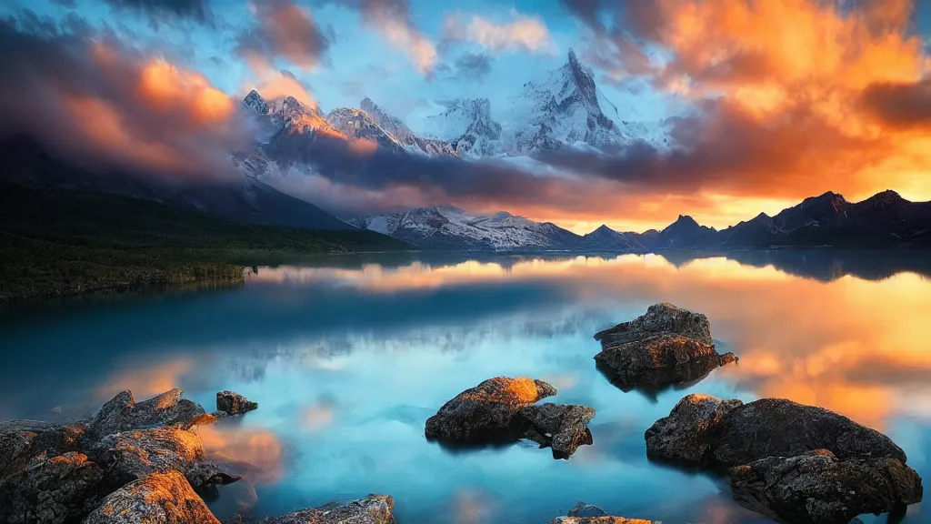 Image similar to amazing landscape photo of mountains with lake in sunset by marc adamus, beautiful dramatic lighting