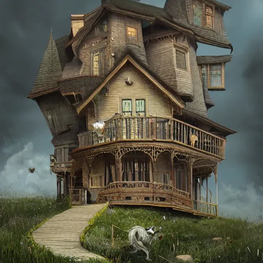 Prompt: flying house victorian style race's, style Gediminas Pranckevicius, realistic, many details, Ultra detailed, octane render