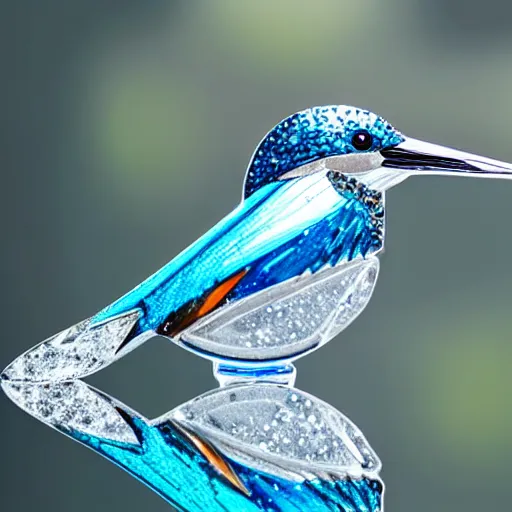 Image similar to a real life kingfisher made out of reflective crystal and very reflective polished metal, in the background is a forest, product photography