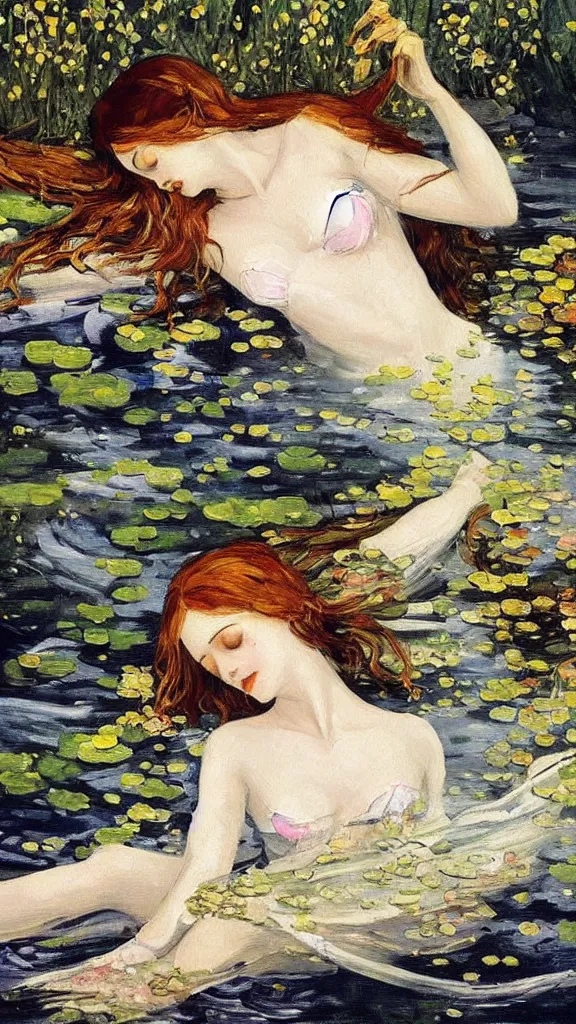 Image similar to prompt: beautiful girl sleeping in the lake with shining face painted by Valentin Serov, Ophelia painting inspired, intricate detailed oil painting, alchemical artifacts and hieroglyphs, magical items, gnarly paint marks