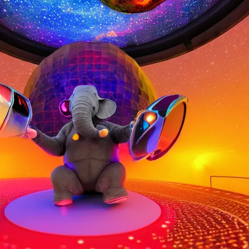 Image similar to a hyperrealistic 3D octane render of an elephant wearing virtual reality goggles playing a synthesizer inside of a geodesic dome planetarium with planets and galaxies, trending on artstation, 8k, 4K, dramatic lighting, glowing, volumetric lighting, ray tracing, unreal engine