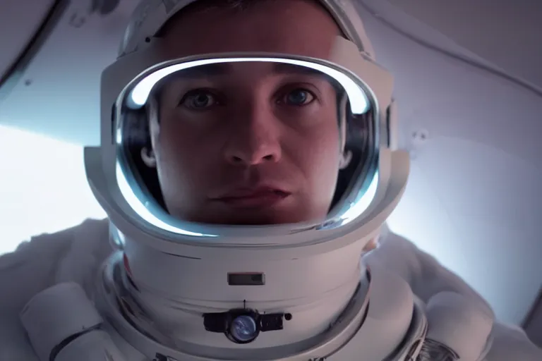 Image similar to VFX movie of a futuristic spaceman closeup portrait in high tech spaceship, beautiful natural skin neon lighting by Emmanuel Lubezki