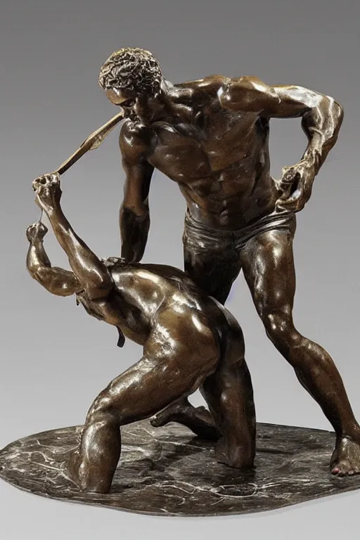 Prompt: a beautiful bronze sculpture of a fighting scene beetwen david and goliath by christophe charbonnel, rust and plaster materials