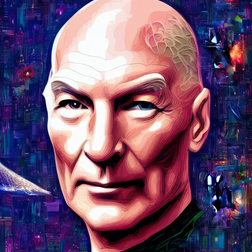 Prompt: portrait of captain picard, fantasy, intricate, elegant, digital painting, trending on artstation, concept art, sharp focus, illustration by Derek Gores, russ mills, 4k.