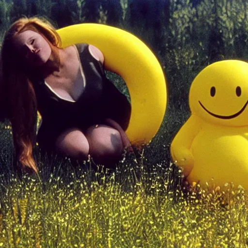 Image similar to an ample woman dressed as a squishy inflatable toy, smiley face, in a meadow, moody film still, terrence malick, 1973 technicolor