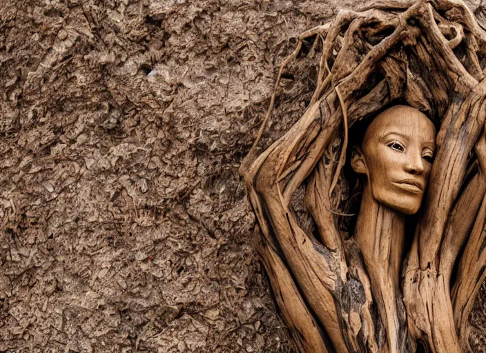 Image similar to dslr esculpture made from roots interwovem in the shape of a woman, 8 5 mm f 1. 8