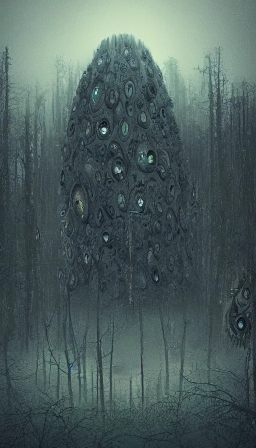 Image similar to a storm vortex made of many demonic eyes and teeth over a forest, by beeple