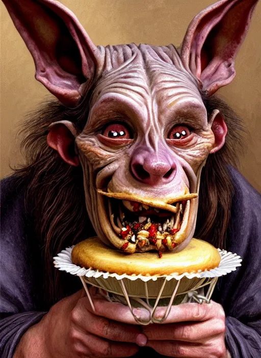 Image similar to portrait of a medieval goblin eating cakes in the cloisters, beautiful face, hyper realistic, highly detailed digital painting by earl norem, artstation illustration co