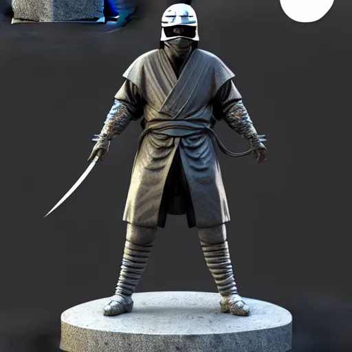 Image similar to 3 d octane rendering of marble and chrome statue of ninja wearing full face mask and hunter hat, vfx art, sharp, detailed, pinterest, unreal engine, behance, technological, octane render