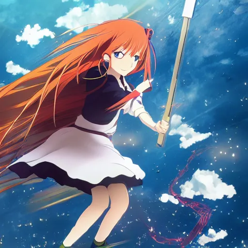 Prompt: Detailed anime poster featuring a red-haired witch flying on a broom over a magical school, 4k, key visual