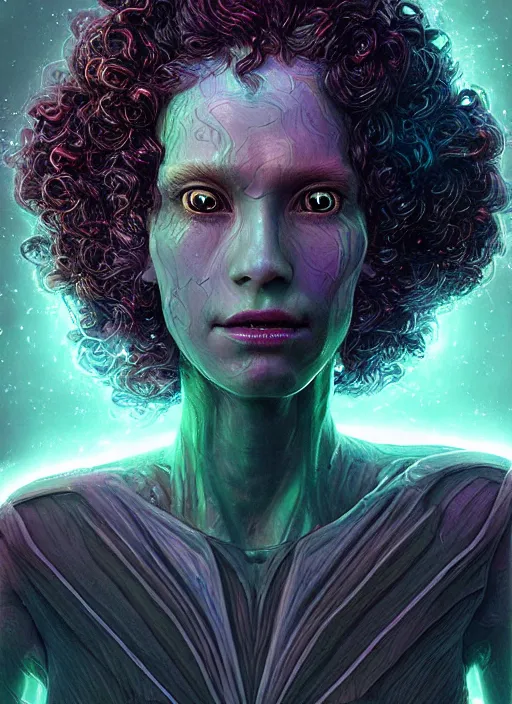 Image similar to glowwave portrait of a curly hair alien from star wars, au naturel, hyper detailed, digital art, trending in artstation, cinematic lighting, studio quality, smooth render, unreal engine 5 rendered, octane rendered, art style by klimt and nixeu and ian sprigger and wlop and krenz cushart.