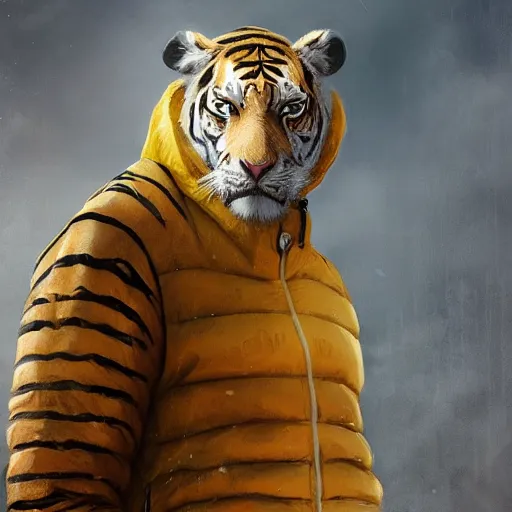 Image similar to a beautfiul award winning aesthetic commission of an antrho albino tiger wearing a yellow-black padded hooded puffer jacket,digital art,art by greg rutkowski,character design by charles bowater,ross tran,photorealistic,detailed face,hyperdetailed,western comic,2021,artstation,deviantart