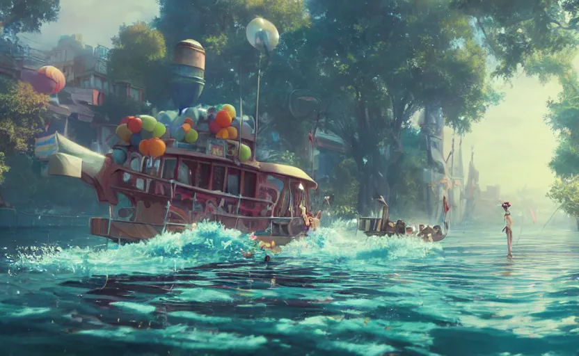 Image similar to a film still floats carnival, medium shot, waist up, studio Ghibli, Pixar and Disney animation, sharp, Rendered in Unreal Engine 5, anime key art by Greg Rutkowski, Bloom, dramatic lighting