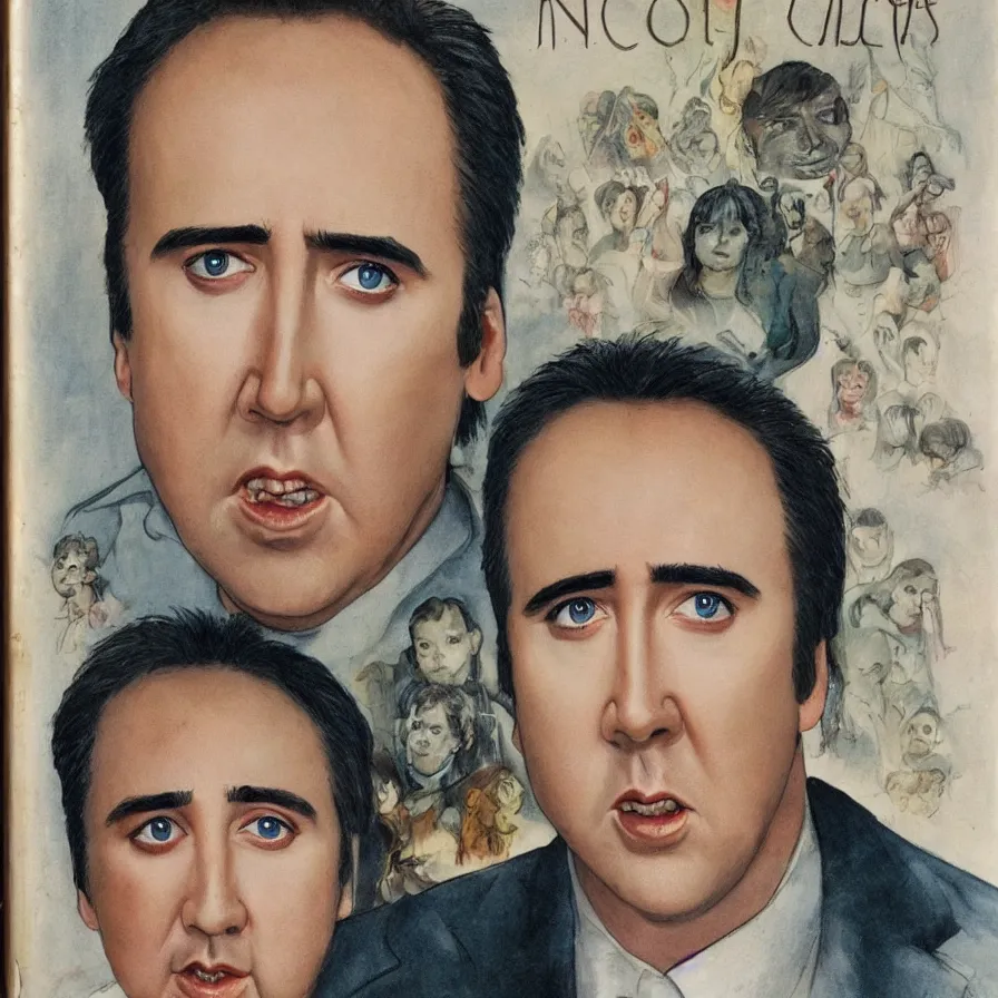 Prompt: a beautiful Nicolas Cage with large eyes and small nose, children\'s book cover