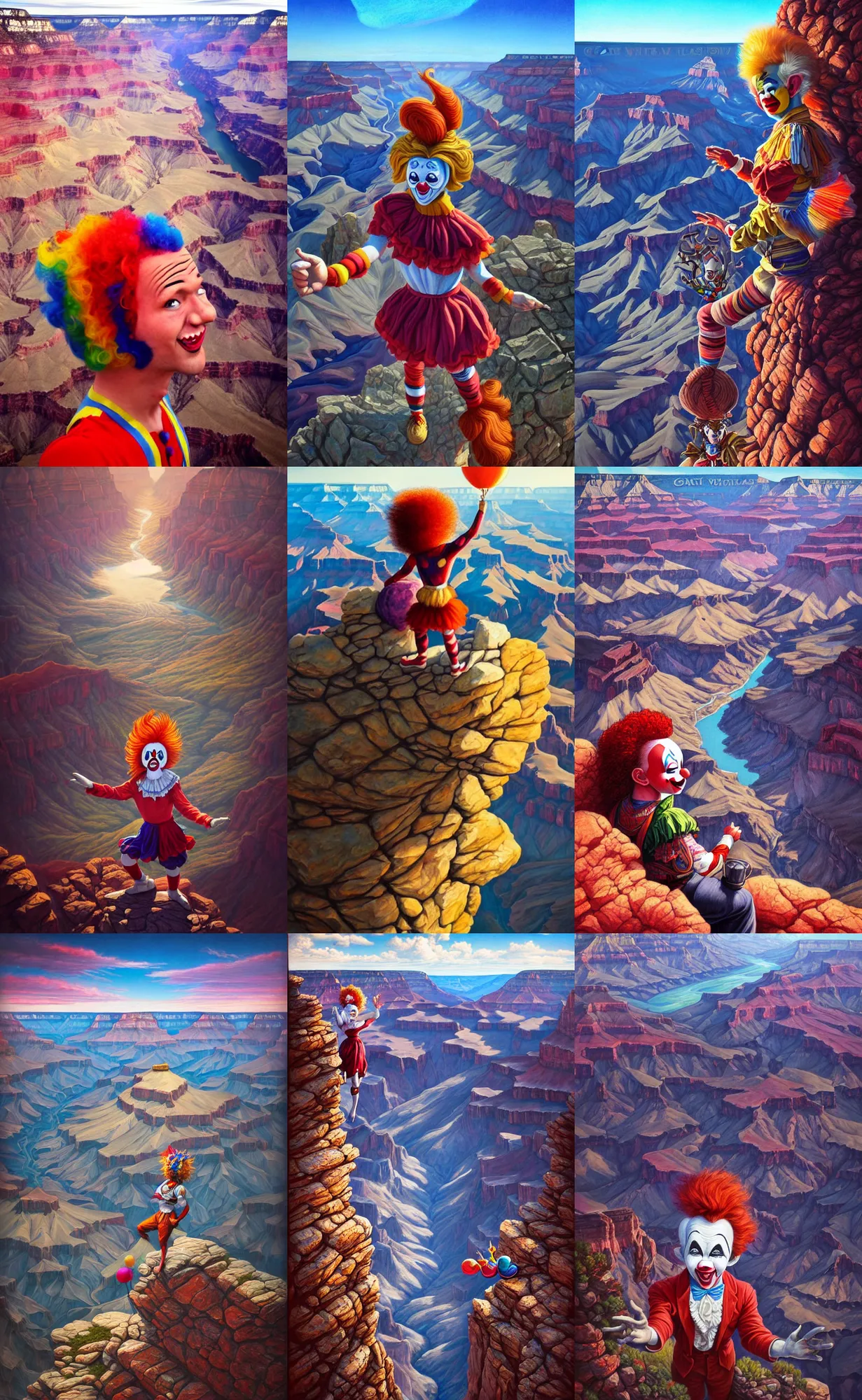Prompt: high angle selfie of beautiful whiteface clown at the rim of the grand, view looking down in into grand canyon in background, fantasy, whimsical, art by randy vargas, art by artgerm, art by alex garner, art by anato finnstark intricately detailed, highly detailed, trending on artstation